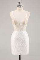 Load image into Gallery viewer, Sparkly White Sequins Mini V-Neck Bridal Shower Dress