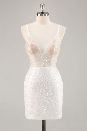 Sparkly White Sequins Mini V-Neck Bridal Shower Dress