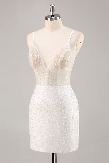 Sparkly White Sequins Mini V-Neck Bridal Shower Dress
