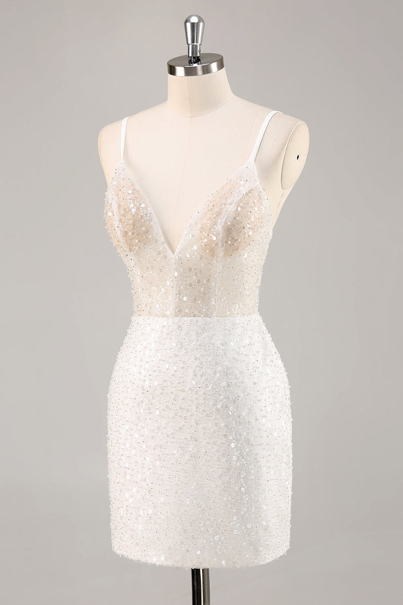 Load image into Gallery viewer, Sparkly White Sequins Mini V-Neck Bridal Shower Dress
