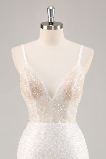 Sparkly White Sequins Mini V-Neck Bridal Shower Dress