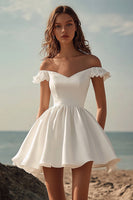 Load image into Gallery viewer, White Satin Midi Off the Shoulder Graduation Dress