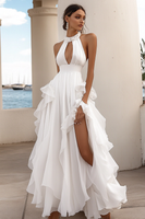 Load image into Gallery viewer, White Satin A Line Cut-Out Engagement Dress with Slit