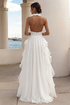 White Satin A Line Cut-Out Engagement Dress with Slit