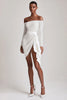 Load image into Gallery viewer, Off the Shoulder Sequins Little White Dress with Long Sleeves