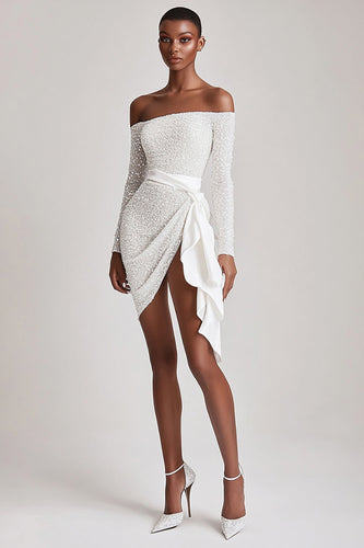 Off the Shoulder Sequins Little White Dress with Long Sleeves