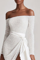 Load image into Gallery viewer, Off the Shoulder Sequins Little White Dress with Long Sleeves