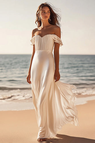 Ivory Satin A Line Ruched Long Formal Dress