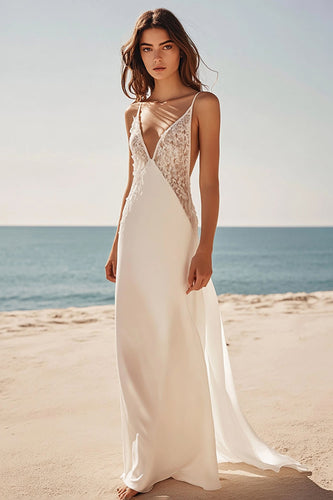 White A Line Deep V-Neck Long Formal Dress wtih Lace