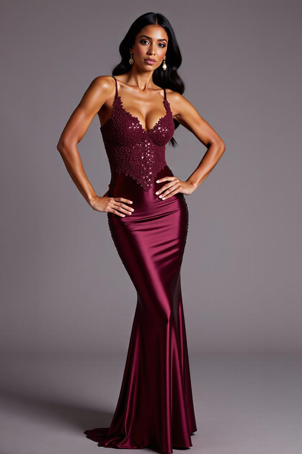 Burgundy Sheath Satin V-Neck Long Formal Dress