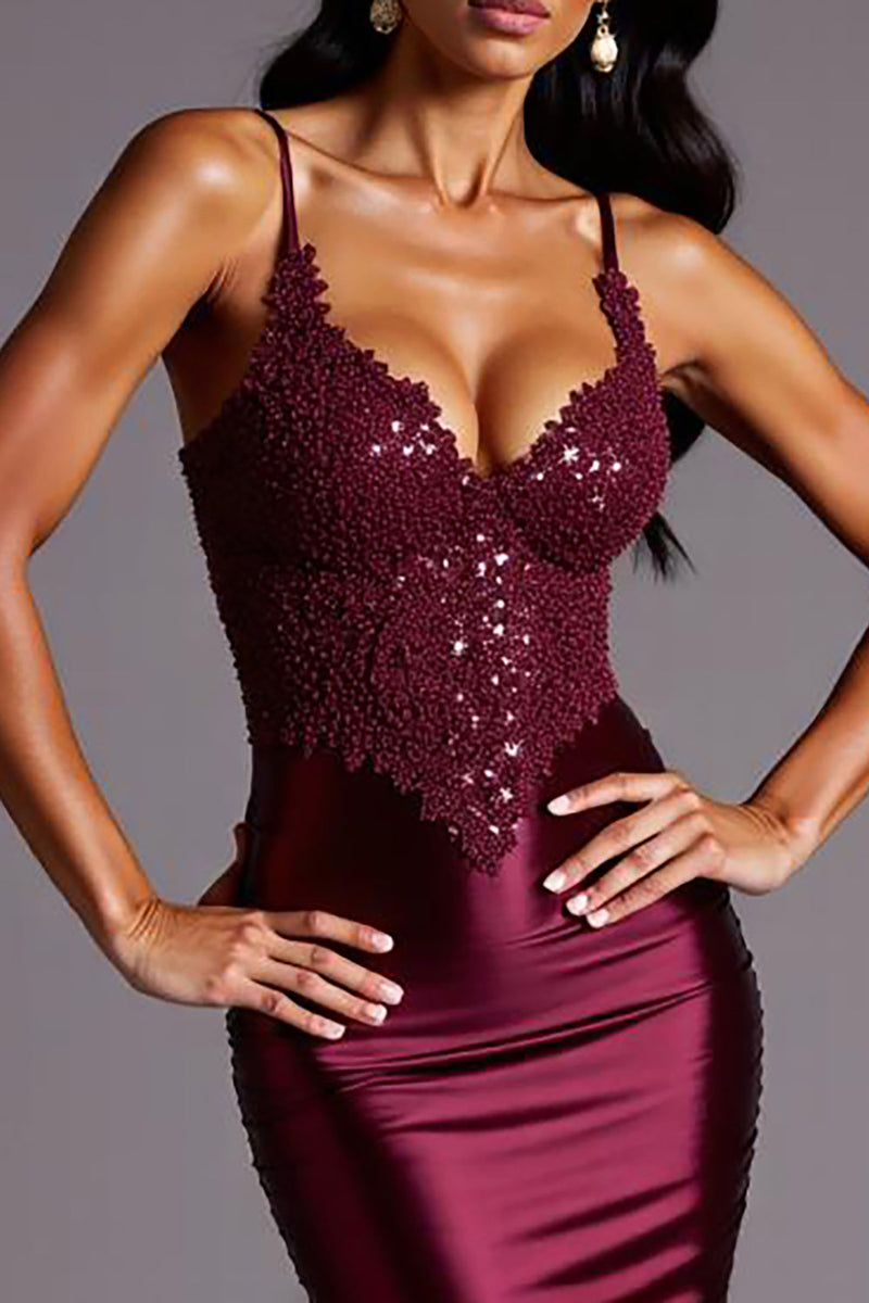 Load image into Gallery viewer, Burgundy Sheath Satin V-Neck Long Formal Dress