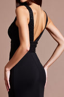 Load image into Gallery viewer, Black Sheath Satin V-Neck Long Formal Dress with Slit