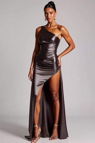 Dark Grey Sheath Satin Long Formal Dress with Slit