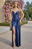 Load image into Gallery viewer, Navy Sheath Satin V-Neck Long Formal Dress with Slit