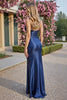 Load image into Gallery viewer, Navy Sheath Satin V-Neck Long Formal Dress with Slit