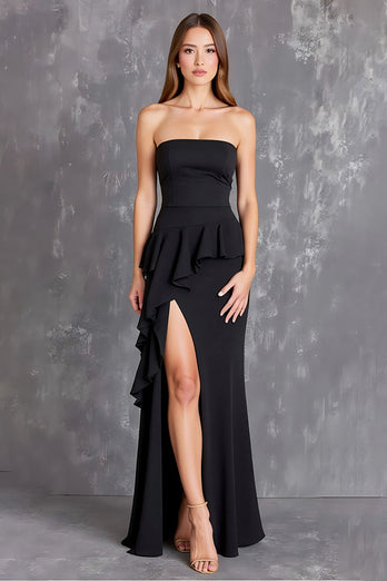 Black Sheath Satin Strapless Ruffled Long Formal Dress with Slit