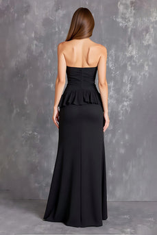Black Sheath Satin Strapless Ruffled Long Formal Dress with Slit