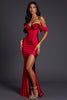 Load image into Gallery viewer, Red Sheath Satin Off the Shoulder Ruffled Long Formal Dress with Slit