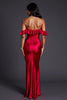 Load image into Gallery viewer, Red Sheath Satin Off the Shoulder Ruffled Long Formal Dress with Slit