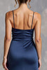 Load image into Gallery viewer, Navy Sheath Satin V-Neck Ruched Long Formal Dress with Slit