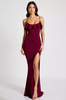 Load image into Gallery viewer, Burgundy Sheath Spaghetti Straps Long Formal Dress with Slit