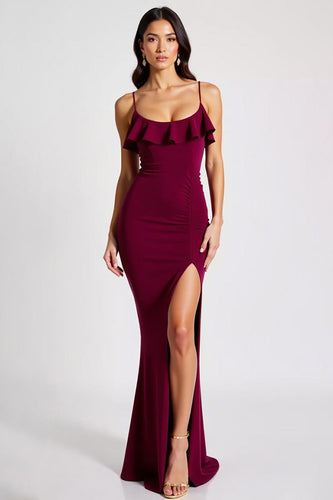Burgundy Sheath Spaghetti Straps Long Formal Dress with Slit