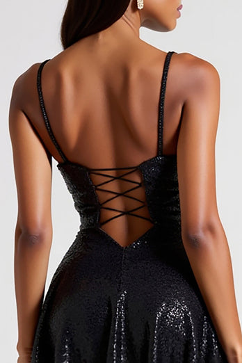 Black Sequins Pleated Keyhole Formal Dress