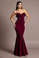 Load image into Gallery viewer, Burgundy Satin Mermaid Backless Strapless Formal Dress