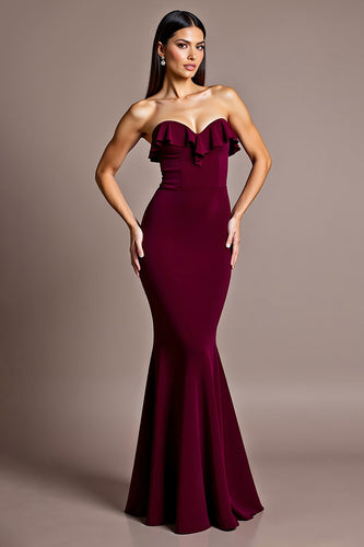 Burgundy Satin Mermaid Backless Strapless Formal Dress