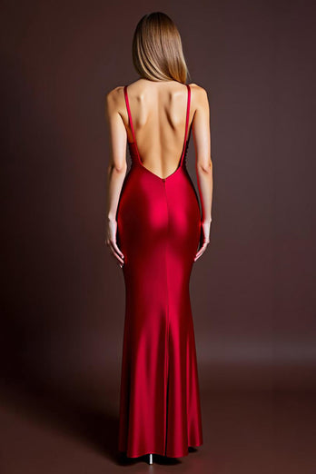 Red Sheath Satin Ruched Long Formal Dress with Slit
