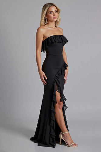 Black Chiffon Sheath Ruffled Long Formal Dress with Slit