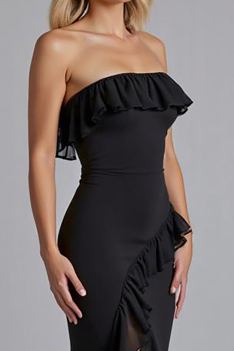 Load image into Gallery viewer, Black Chiffon Sheath Ruffled Long Formal Dress with Slit