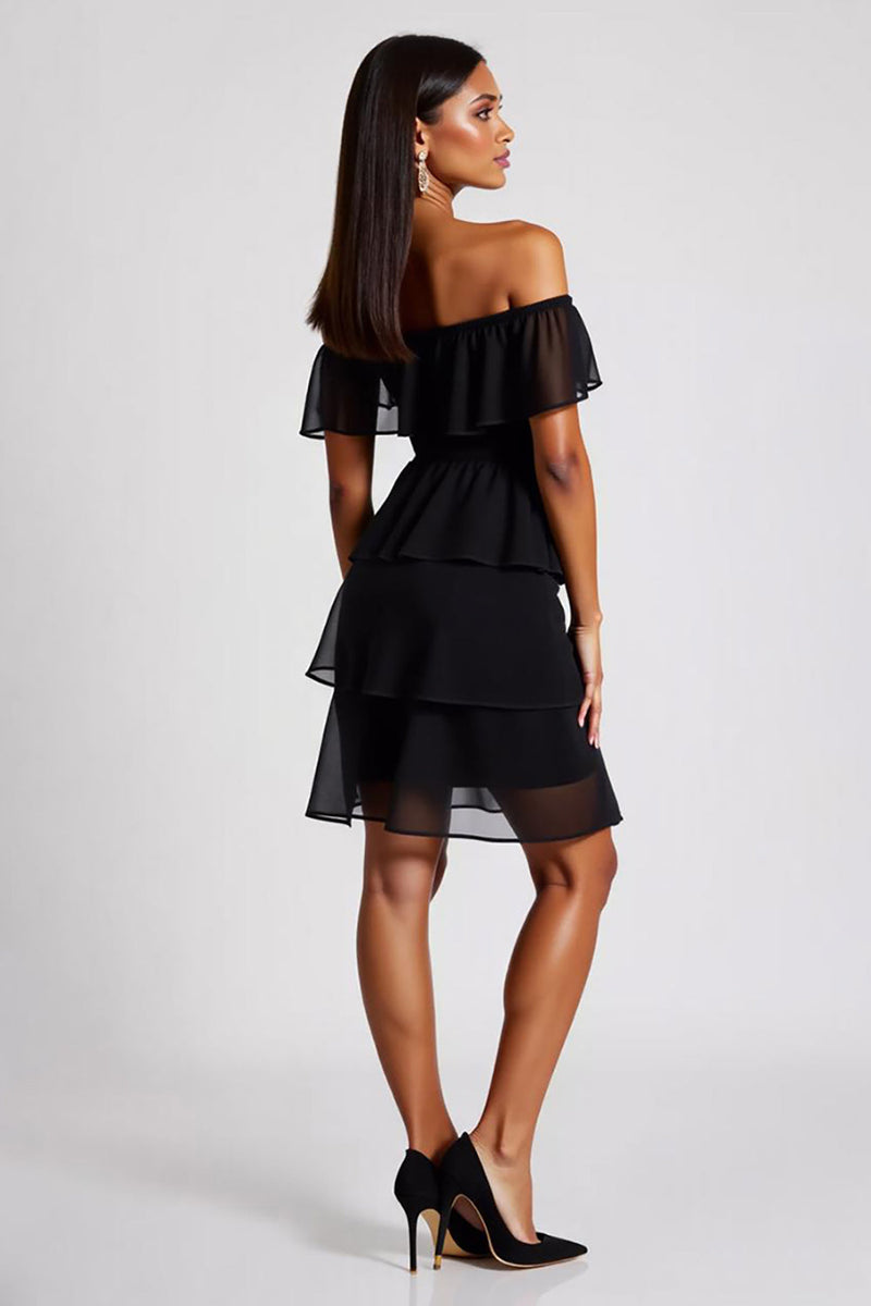 Load image into Gallery viewer, Tiered Chiffon Off the Shoulder Little Black Dress