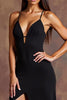 Load image into Gallery viewer, Black Satin Spaghetti Straps Long Formal Dress with Slit