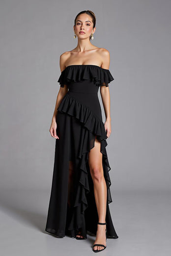 Black Chiffon Ruffled A Line Long Formal Dress with Slit