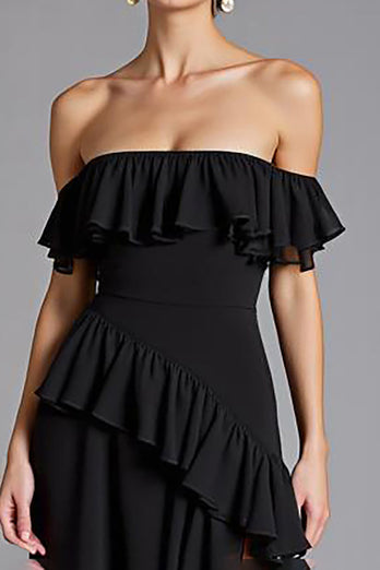Black Chiffon Ruffled A Line Long Formal Dress with Slit