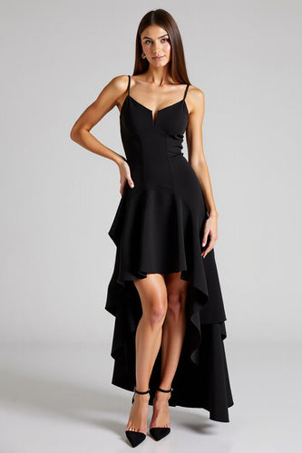 Black A Line High Low Pleated Formal Dress