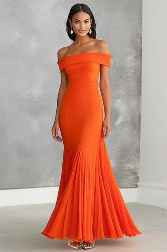 Orange Sheath Pleated Off the Shoulder Long Formal Dress