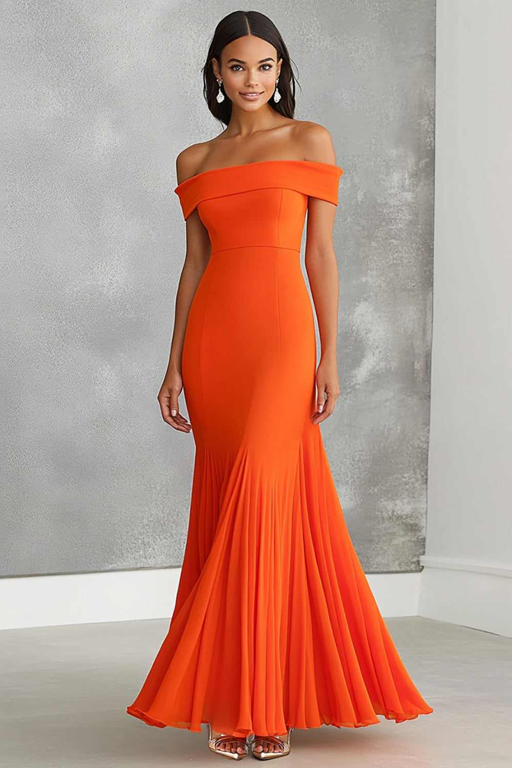 Orange Sheath Pleated Off the Shoulder Long Formal Dress