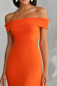 Orange Sheath Pleated Off the Shoulder Long Formal Dress
