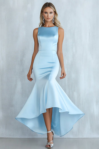 Sky Blue Sleeveless Asymmetrical Mermaid Satin Long Formal Dress