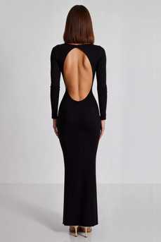 Black Sheath Boat Neck Long Formal Dress with Long Sleeves