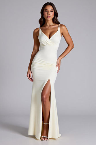 Ivory Sheath Pleated Sweetheart Long Formal Dress with Slit