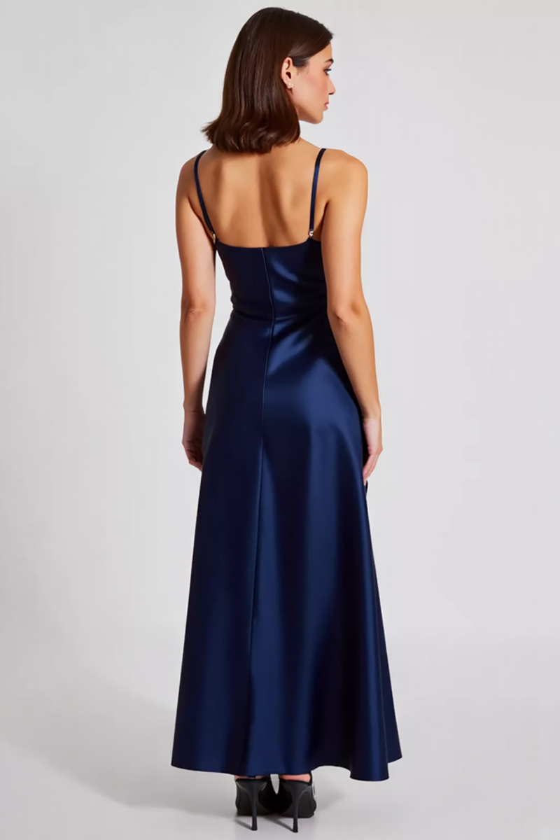 Load image into Gallery viewer, Navy Sheath Ruched Spaghetti Straps Long Formal Dress