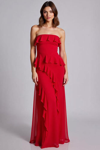 Red A Line Chiffon Long Formal Dress with Ruffles
