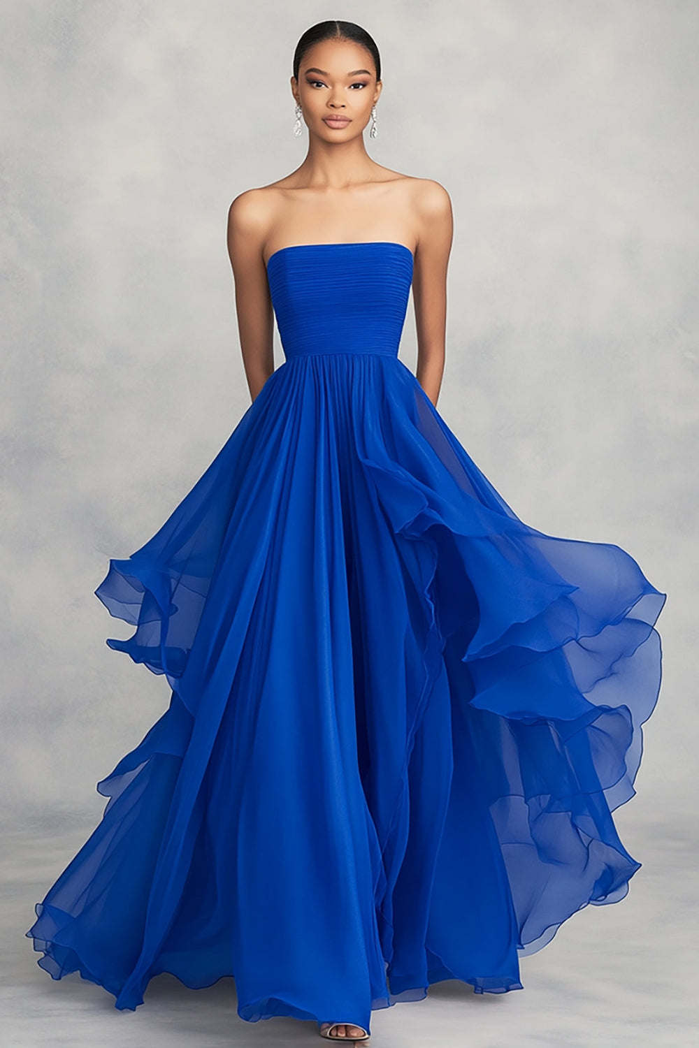 Royal Blue Pleated Asymmetrical A Line Chiffon Long Formal Dress