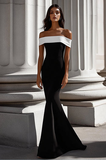 White Mermaid Satin Off the Shoulder Long Black Tie Dress