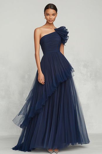 Navy A Line One Shoulder Tulle Long Formal Dress with Ruffles