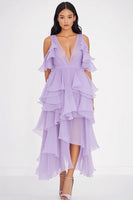Load image into Gallery viewer, Lilac Chiffon V-Neck Ruffled Long Formal Dress with Slit