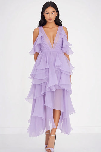 Lilac Chiffon V-Neck Ruffled Long Formal Dress with Slit